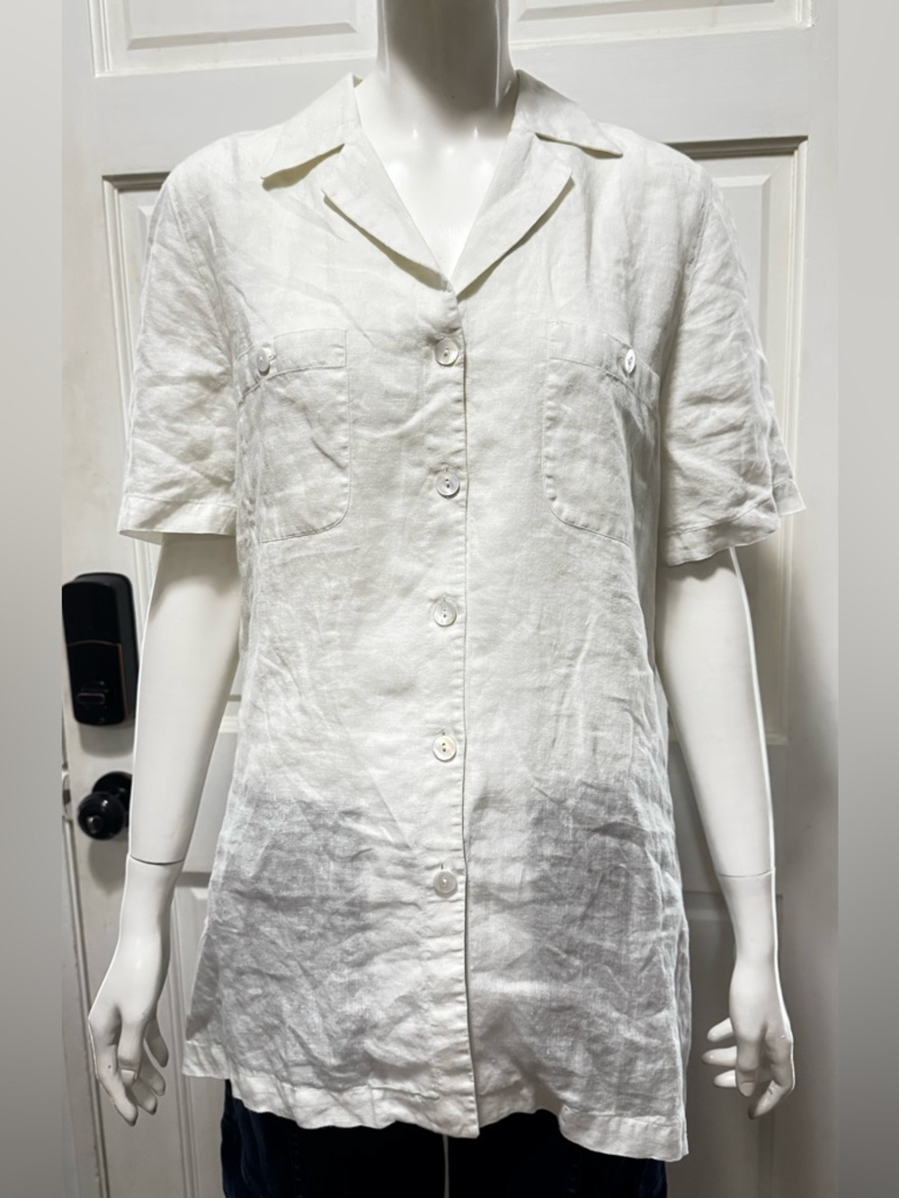 ILIA 100% Cotton White Short-Sleeve Linen Button-Down Shirt Size 46 P-4